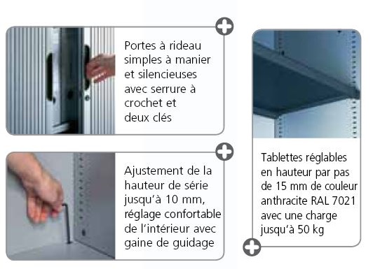 Les tablettes de l'armoire à rideaux Omnispace s'adapte par pas de 15 mm.