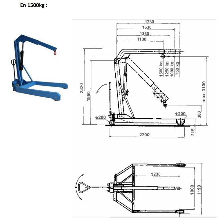 Caractéristiques techniques des grues d'atelier à longerons fixes parallèles, jusqu'à 2 tonnes de charge.