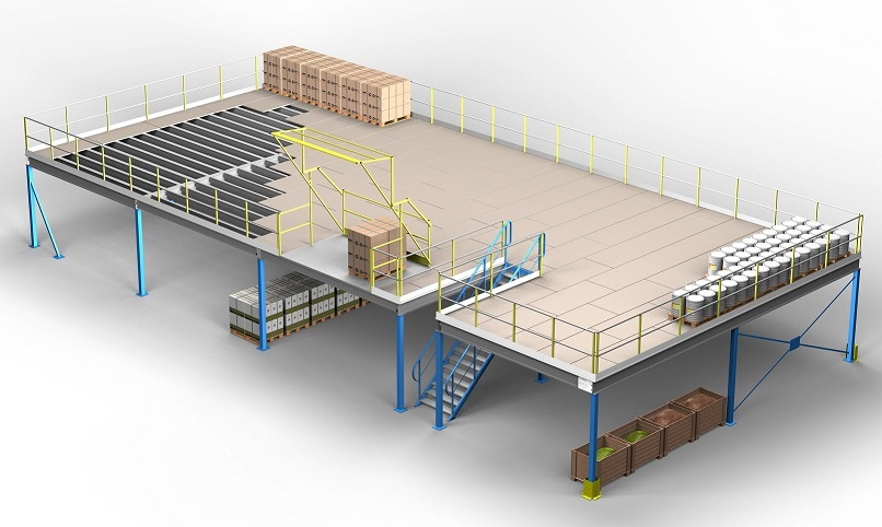 Ce schéma présente une plateforme de stockage industriel complètement équipée avec garde corps, escalier et barrière écluse.