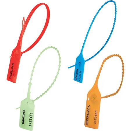 Scellé plastique réglable à tige crantée et étiquette