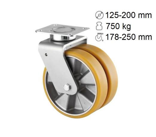 Roulette double polyuréthane coulé Delta Twin + Novatech 750 kg - TENTE SAS